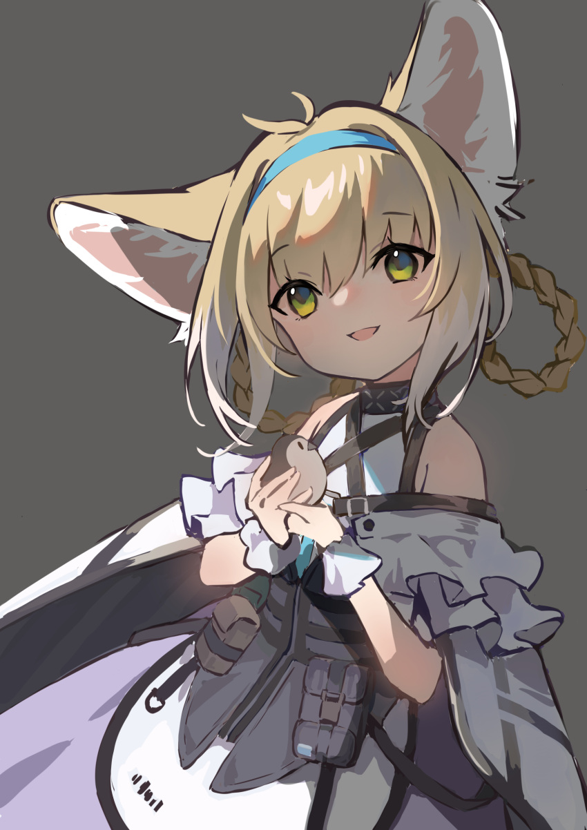 1girl :d animal animal_ear_fluff animal_ears arknights bare_shoulders bird blonde_hair blue_hairband braid commentary_request fox_ears green_eyes grey_background hair_between_eyes hair_rings hairband highres holding holding_animal looking_at_viewer multicolored_hair purple_skirt shirt simple_background skirt smile solo suzuran_(arknights) twin_braids two-tone_hair white_hair white_shirt wrist_cuffs zuiqiang_zayu