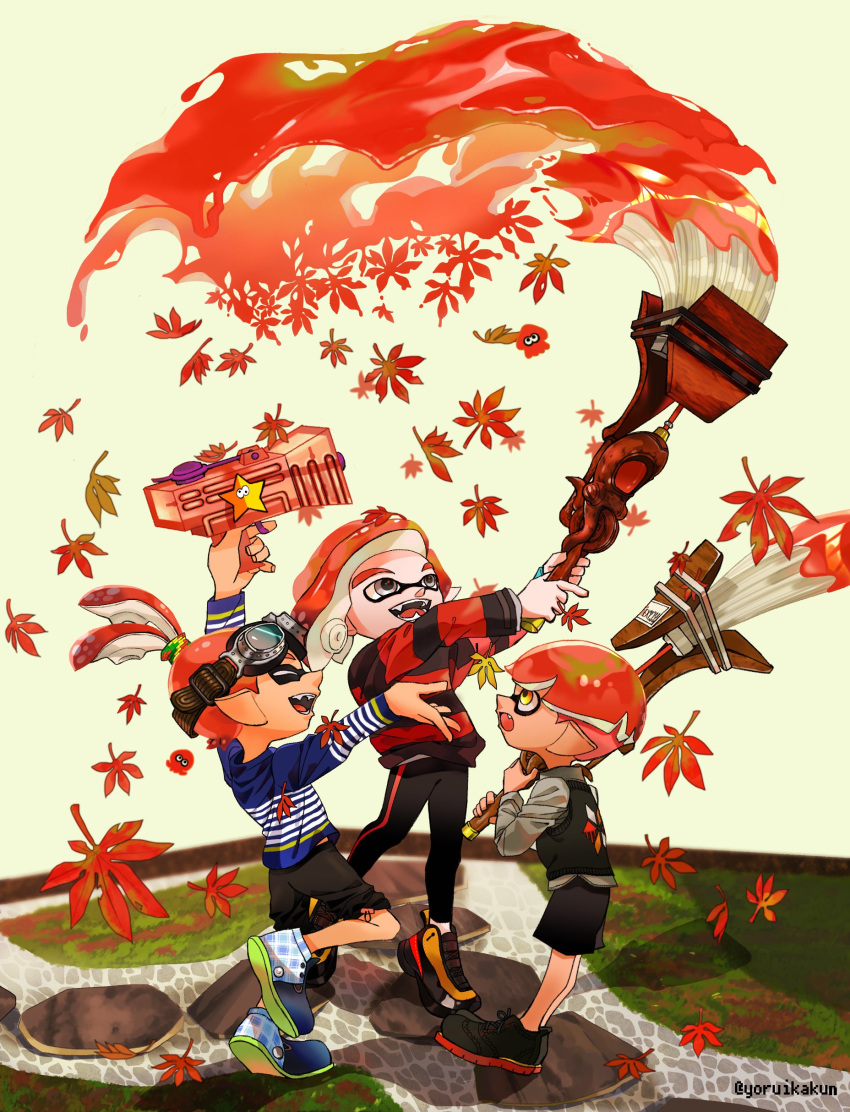 3boys absurdres artist_name autumn_leaves black_pants black_shorts closed_eyes commentary_request goggles goggles_on_head gun highres holding holding_gun holding_weapon inkling inkling_boy multiple_boys octobrush_(splatoon) octoling octoling_boy open_mouth paint pants pointy_ears redhead short_hair shorts smile splatoon_(series) splatoon_3 splattershot_jr_(splatoon) standing teeth tentacle_hair twitter_username weapon white_background yoruikakun