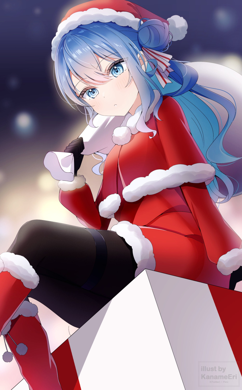 1girl absurdres black_gloves black_pantyhose blue_eyes blue_hair boots commentary dress fur-trimmed_dress fur_trim gloves hair_between_eyes hair_ribbon hat highres holding holding_sack hololive hoshimachi_suisei kaname_eri long_hair looking_at_viewer looking_down mia_(mk2022) pantyhose ribbon sack santa_boots santa_capelet santa_dress santa_hat sitting solo star_(symbol) star_in_eye symbol-only_commentary symbol_in_eye thigh_strap virtual_youtuber