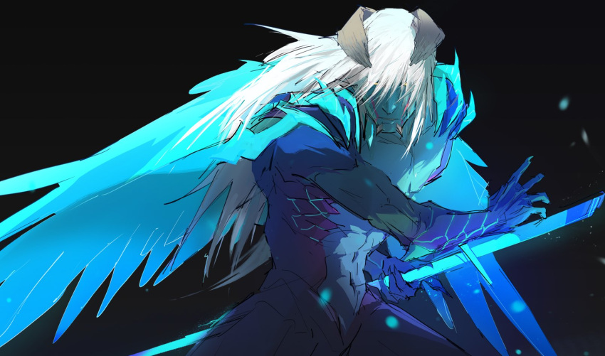 1boy caninefinch colored_skin demon_boy devil_may_cry_(series) devil_may_cry_5 devil_trigger highres holding holding_sword holding_weapon horns long_hair male_focus nero_(devil_may_cry) solo sword weapon white_hair wings