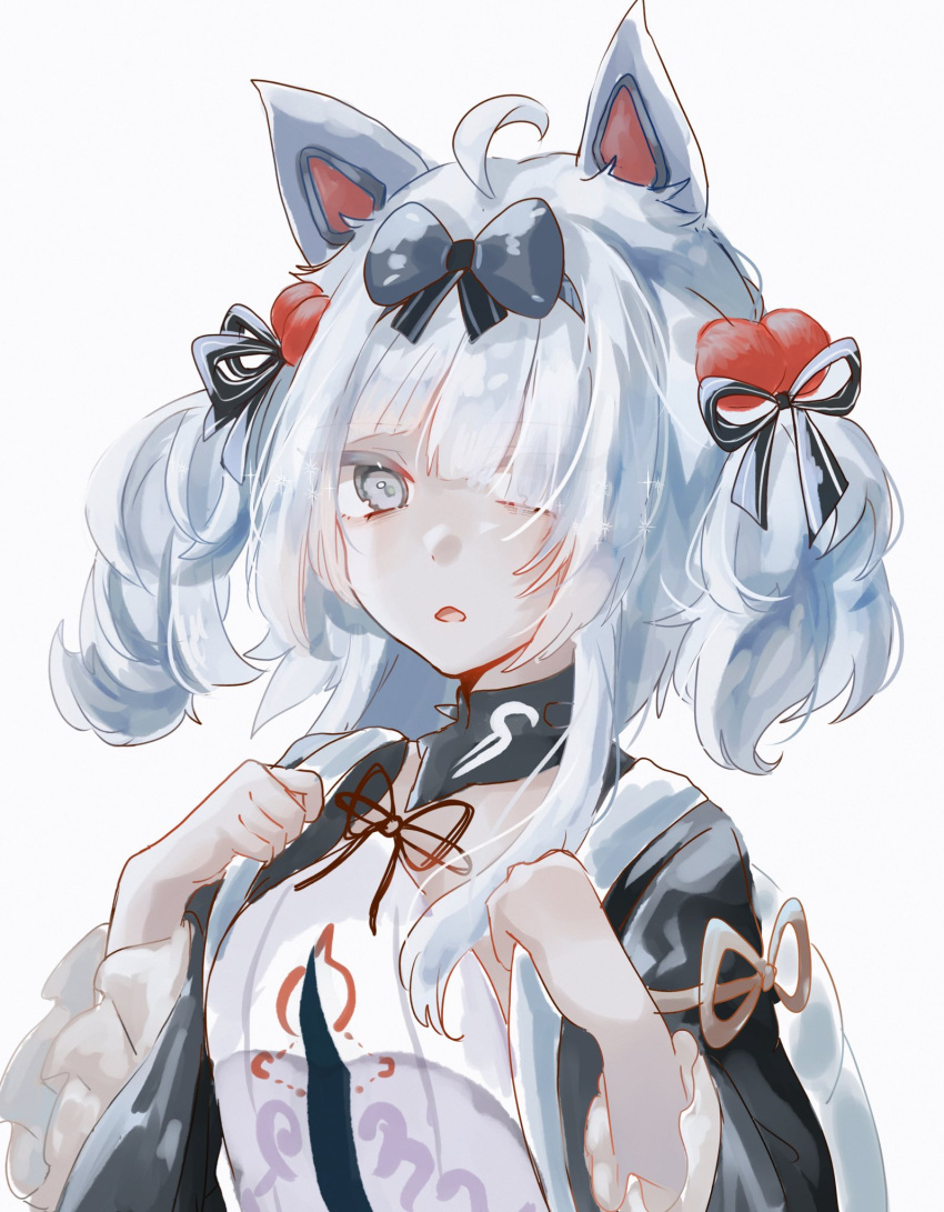 1girl animal_ears black_ribbon black_shirt chinese_clothes grey_eyes hair_intakes hair_ornament hair_ribbon highres long_hair long_sleeves misoso_25 no.21:_feral_scent_(punishing:_gray_raven) no.21_(punishing:_gray_raven) official_alternate_costume official_alternate_hair_length official_alternate_hairstyle open_mouth pom_pom_(clothes) pom_pom_hair_ornament punishing:_gray_raven ribbon shirt sidelocks solo twintails two-tone_shirt white_shirt wolf_ears