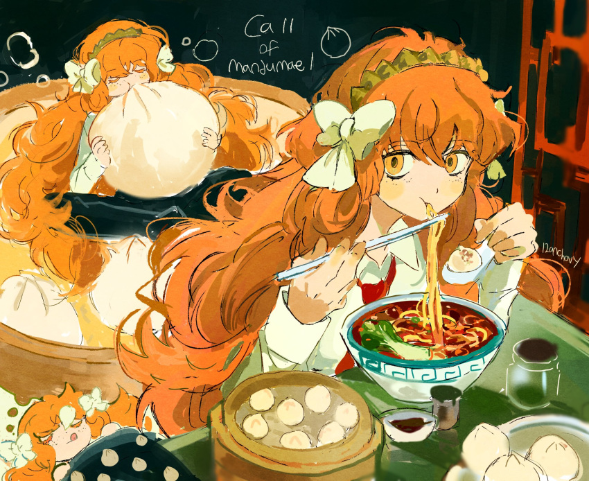 12anchovy 1girl baozi bow bowl brown_hairband chopsticks dreaming eating food hair_bow hairband highres holding holding_chopsticks ishmael_(project_moon) lattice limbus_company long_hair looking_at_viewer multiple_views orange_hair project_moon rope sidelocks very_long_hair white_bow