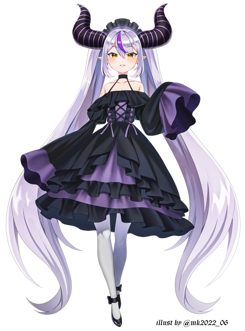 1girl absurdres armpit_crease bare_shoulders black_dress black_footwear black_headwear black_horns blush collarbone demon_girl demon_horns dress frilled_dress frills grey_hair hair_between_eyes hair_wings hairband highres hololive horns la+_darknesss lolita_fashion lolita_hairband long_hair long_sleeves looking_at_viewer mia_(mk2022) multicolored_hair pantyhose pointy_ears purple_hair purple_horns sleeves_past_fingers sleeves_past_wrists solo streaked_hair striped_horns twitter_username very_long_hair virtual_youtuber white_background white_pantyhose yellow_eyes