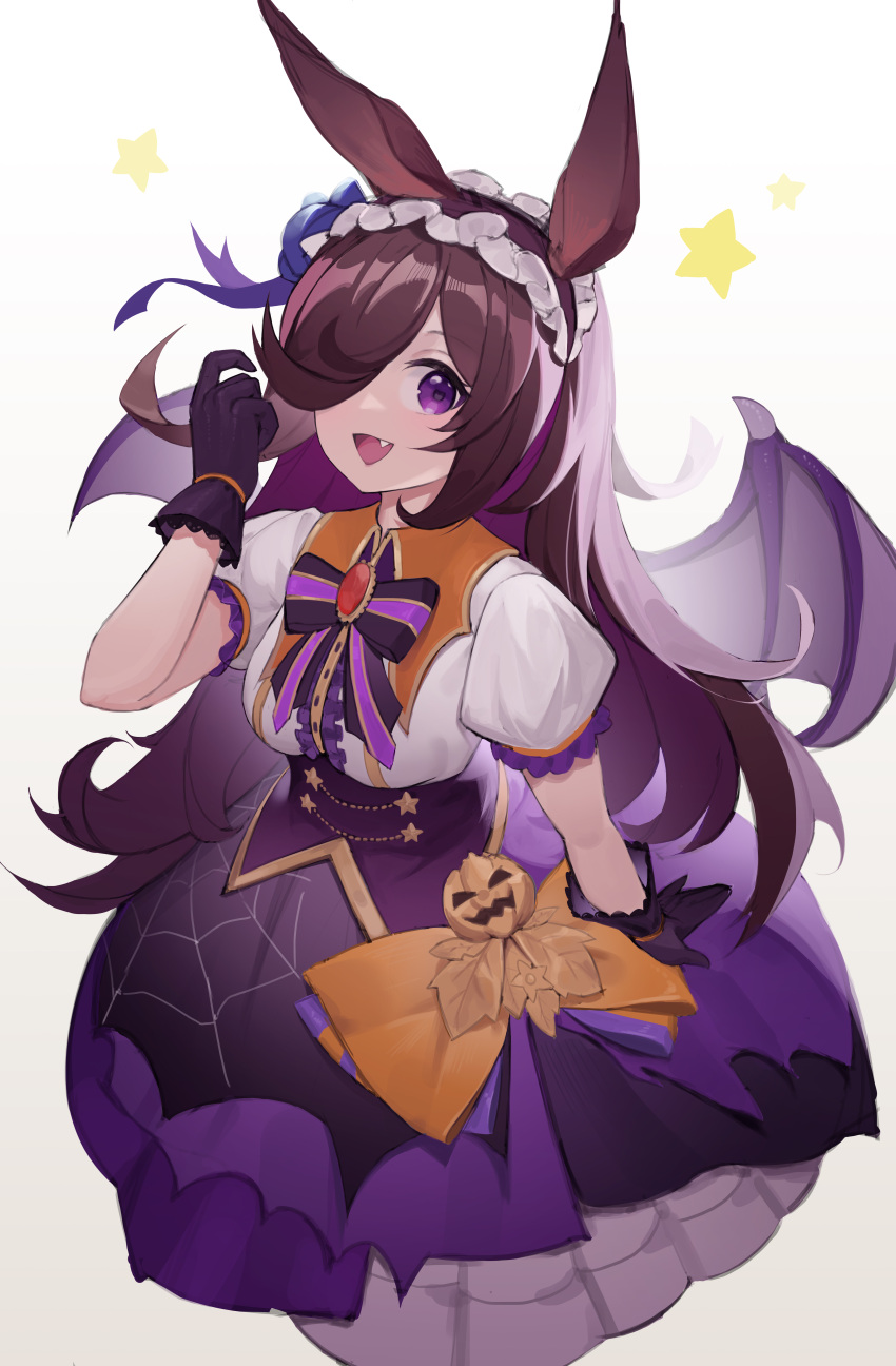 1girl absurdres animal_ears bat_wings black_gloves bow breasts brooch brown_hair fang frilled_hairband frills gem gloves hair_over_one_eye hairband hand_up highres horse_ears horse_girl jack-o'-lantern_ornament jewelry lace-trimmed_gloves lace_trim long_hair looking_at_viewer official_alternate_costume oiru_(fattyoils) open_mouth puffy_short_sleeves puffy_sleeves purple_gloves purple_skirt purple_wings red_gemstone rice_shower_(make_up_vampire!)_(umamusume) shirt short_sleeves skirt small_breasts smile solo spider_web_print star_(symbol) umamusume violet_eyes white_background white_shirt wings