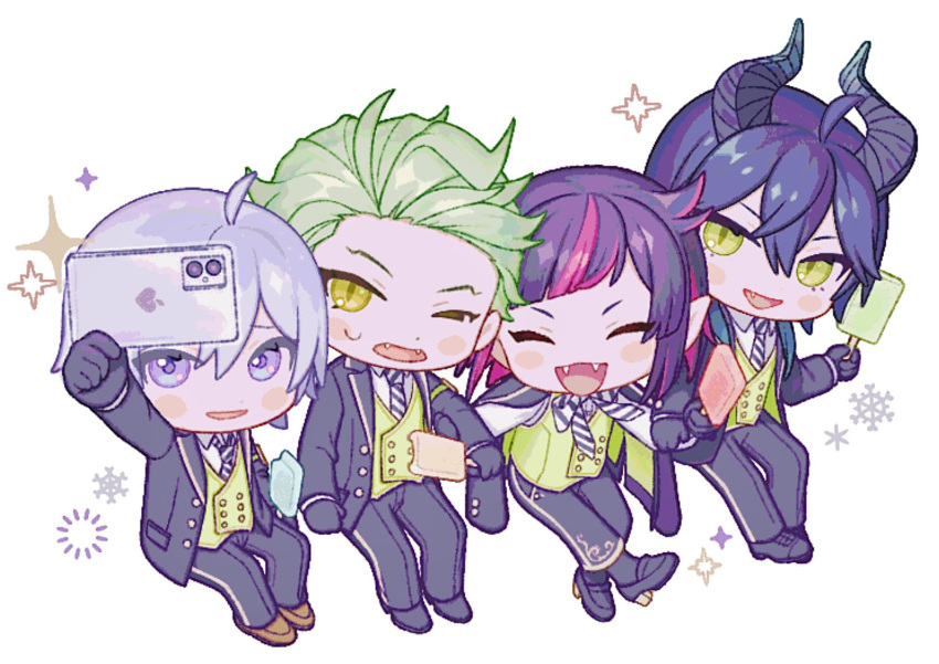 4boys :d ahoge arm_grab black_footwear black_gloves black_hair black_jacket black_pants black_socks blue_eyes blush_stickers bow bowtie brown_footwear cellphone chibi closed_eyes collared_shirt commentary cuff_links dragon_boy dragon_horns fang fangs food full_body gloves green_eyes green_hair green_vest grey_hair hair_between_eyes hair_horns high_heels highres holding holding_food holding_phone holding_popsicle horns invisible_chair jacket jacket_on_shoulders lilia_vanrouge loafers long_sleeves looking_at_phone looking_at_viewer male_focus malleus_draconia multicolored_eyes multicolored_hair multiple_boys necktie night_raven_college_uniform one_eye_closed open_clothes open_jacket open_mouth pants phone pink_hair popsicle sebek_zigvolt selfie shirt shoes short_hair silver_(twisted_wonderland) simple_background sitting slit_pupils smartphone smile socks sparkle streaked_hair striped_necktie sweat taking_picture tsuki_catv twisted_wonderland two-tone_hair vest violet_eyes white_background white_shirt wing_collar yellow_eyes