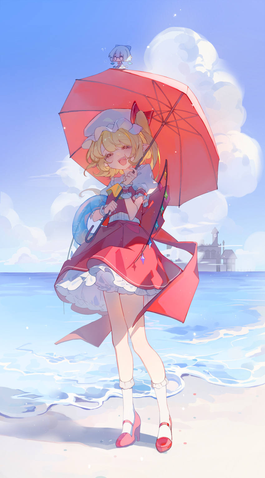 !? 2girls ^_^ absurdres ascot beach blonde_hair blue_sky bubble_skirt building chibi cirno closed_eyes clouds day facing_viewer fangs flandre_scarlet frilled_skirt frilled_sleeves frilled_socks frills full_body happy hat high_heels highres holding holding_umbrella horizon kneehighs mary_janes medium_hair mini_person minigirl mob_cap multiple_girls ocean one_side_up open_mouth outdoors parasol pointy_ears puffy_short_sleeves puffy_sleeves red_footwear red_skirt red_vest shirt shoes short_sleeves skirt skirt_set sky smile socks solo_focus standing touhou transparent_(randomhs) umbrella vest water white_headwear white_shirt white_skirt white_socks wrist_cuffs yellow_ascot