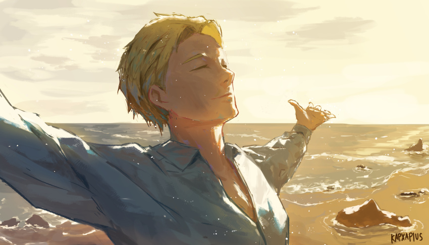 1boy absurdres blonde_hair blue_shirt closed_eyes closed_mouth clouds collared_shirt evening highres horizon jujutsu_kaisen kapxapius male_focus nanami_kento ocean outstretched_arms sand shirt short_hair solo water