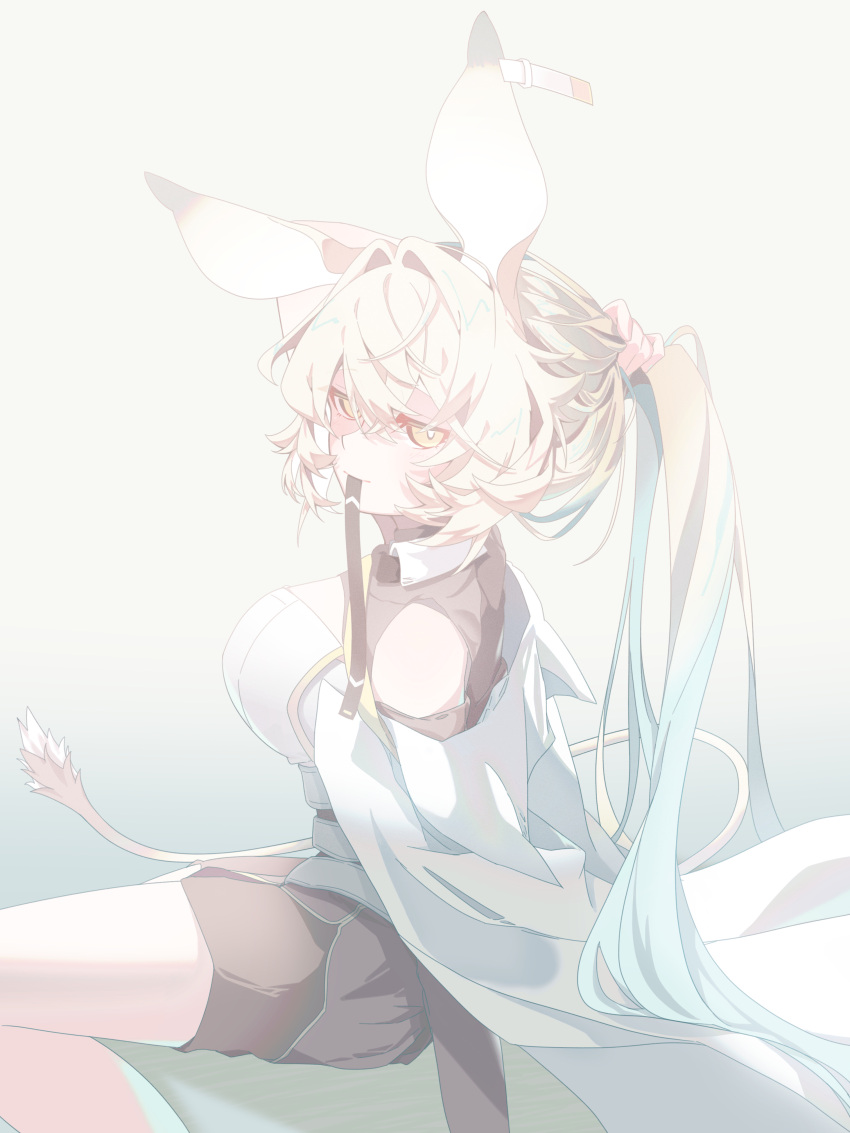 1girl absurdres animal_ears arknights arm_behind_head arm_support black_shorts blonde_hair breasts coat commentary dorothy_(arknights) feet_out_of_frame gradient_background gradient_hair green_hair grey_background highres kujou_koto lab_coat large_breasts long_hair looking_at_viewer mouse_ears mouse_girl mouse_tail mouth_hold multicolored_hair partially_undressed ribbon ribbon_in_mouth shirt shorts simple_background tail tying_hair very_long_hair white_coat white_shirt yellow_eyes