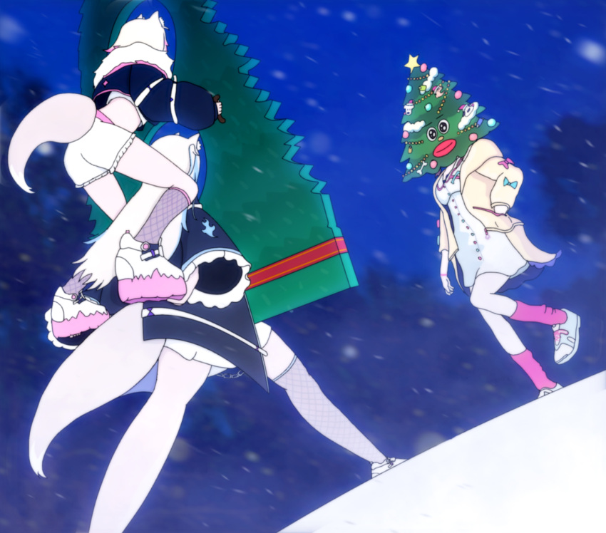 3girls animal_ear_fluff animal_ears black_jacket blonde_hair carrying christmas_tree commentary cropped_jacket dog_ears dog_girl dog_tail dress dutch_angle english_commentary fishnet_thighhighs fishnets fuwawa_abyssgard hand_in_pocket highres hololive hololive_english inugami_korone inugami_korone_(1st_costume) jacket looking_at_another ludokano meme mococo_abyssgard multiple_girls night night_sky oh?_you're_approaching_me?_(meme) outdoors piggyback pink_socks shoes shorts siblings single_thighhigh sisters sky sneakers snow socks tail thigh-highs virtual_youtuber white_dress white_footwear white_shorts yellow_jacket
