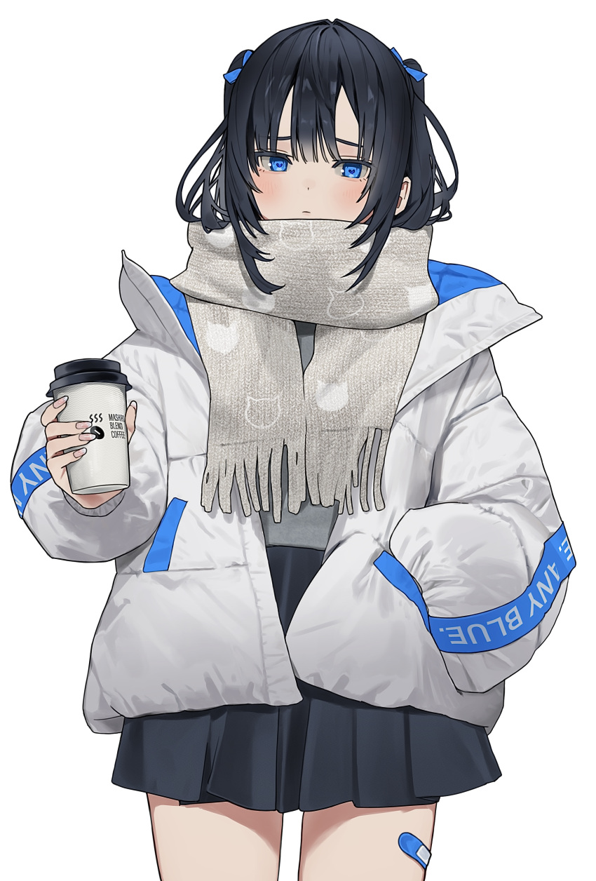 1girl absurdres bandaid bandaid_on_leg black_hair black_skirt blue_bow blue_eyes bow coffee_cup cup disposable_cup down_jacket grey_scarf grey_shirt hair_bow hand_in_pocket highres holding holding_cup jacket mashiro_kta original scarf shirt simple_background skirt solo white_background white_jacket