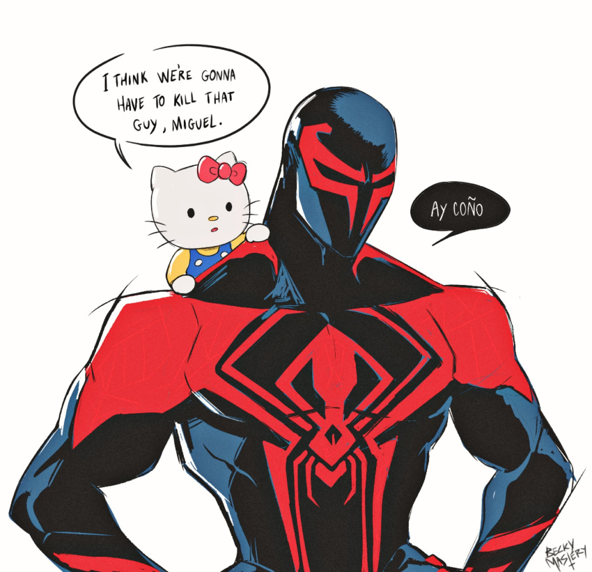 1boy 1girl animal_ears animal_nose animal_print artist_name beckymastery black_bodysuit black_eyes blue_vest bodysuit bow buttons cat_ears cat_girl crossover ear_bow english_commentary english_text hands_on_own_hips hello_kitty hello_kitty_(character) highres i_think_we're_gonna_have_to_kill_this_guy_steven_(meme) long_sleeves looking_at_another marvel meme miguel_o'hara muscular muscular_male open_mouth pink_bow red_bodysuit sanrio shirt simple_background speech_bubble spider-man:_across_the_spider-verse spider-man_(2099) spider-man_(series) spider-verse spider_print standing two-tone_bodysuit vest white_background white_fur yellow_shirt