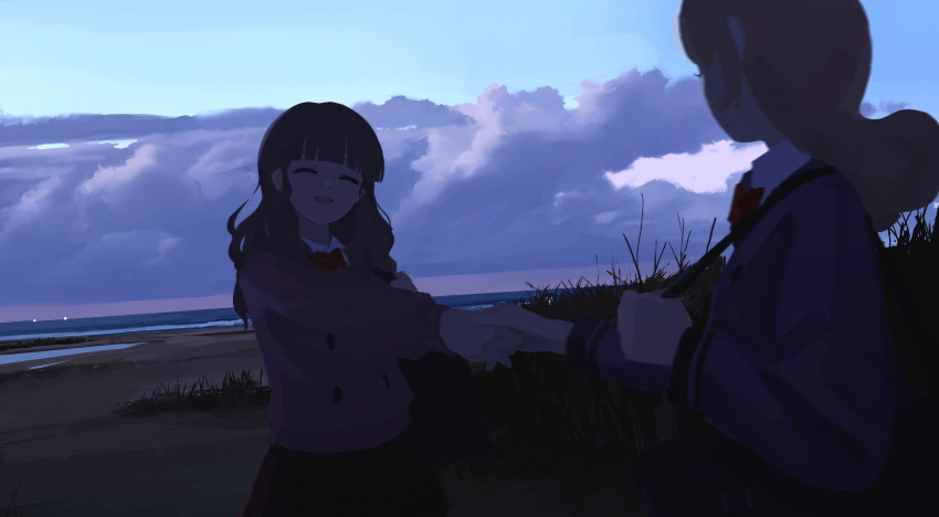 2girls absurdres bag beach blonde_hair blunt_bangs bow bowtie brown_cardigan brown_hair cardigan character_request check_character choker closed_eyes clouds collared_shirt earrings film_grain grass highres hinata_yume holding_hands horizon jewelry long_hair long_sleeves mewkledreamy motion_blur multiple_girls ocean open_mouth orval outdoors red_bow red_bowtie school_bag shirt sidelocks sky stud_earrings sunset tsukishima_maira white_shirt