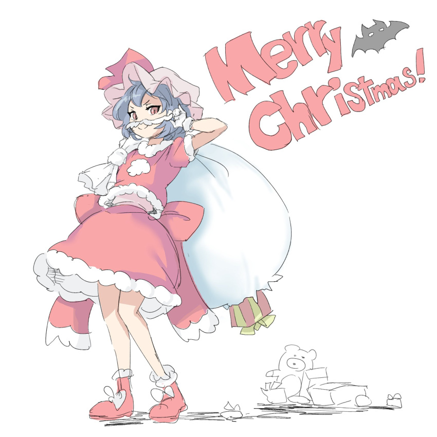 1girl back_bow bifidus_(exkagerou8665) blue_hair bow box christmas commentary_request fake_facial_hair fake_mustache full_body fur-trimmed_skirt fur-trimmed_sleeves fur_trim gift gift_box gloves hat highres holding holding_sack looking_at_viewer merry_christmas mob_cap one-hour_drawing_challenge orange_eyes remilia_scarlet sack santa_costume short_hair short_sleeves sketch skirt smile solo touhou