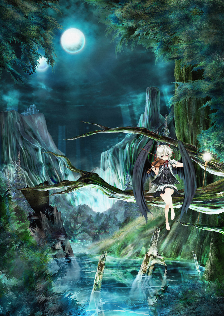 1girl absurdres bare_legs barefoot black_wings bow bowtie commentary_request dress fantasy full_body full_moon hair_ribbon highres in_tree instrument long_hair mochi_(circle_rin) moon music nature night original outdoors playing_instrument pointy_ears red_bow red_bowtie red_ribbon ribbon scenery short_dress short_sleeves sitting solo staff tree violet_eyes violin water white_hair wings