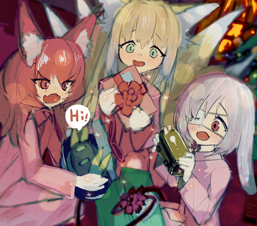 3girls absurdres animal_ear_fluff animal_ears arknights blonde_hair christmas christmas_present commentary_request eyepatch fox_ears fox_girl fox_tail gift green_eyes hame_ana_zpoo highres holding kitsune kyuubi metal_crab_(arknights) multiple_girls multiple_tails open_mouth popukar_(arknights) red_eyes redhead shamare_(arknights) suzuran_(arknights) tail