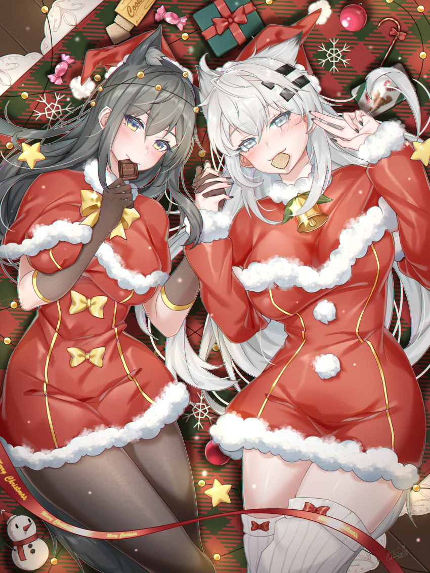 2girls absurdres ahoge animal_ear_fluff animal_ears arknights artist_name bell black_gloves black_hair black_nails black_pantyhose blue_eyes blush bow bow_legwear box breasts candy candy_cane candy_wrapper capelet carpet chocolate christmas christmas_lights christmas_ornaments christmas_present closed_mouth commentary container cookie cowboy_shot double-parted_bangs dress dress_bow elbow_gloves embarrassed english_commentary english_text extra_ears eyelashes film_grain fingernails floor food food_in_mouth from_above fur-trimmed_capelet fur-trimmed_dress fur-trimmed_headwear fur-trimmed_sleeves fur_trim gift gift_box gift_wrapping gloves grey_eyes grey_hair groin_outline hair_between_eyes hair_ornament hair_spread_out hairclip hands_up hat highres holding_hands indoors jingle_bell lappland_(arknights) large_breasts legs_together light_particles lips long_fingernails long_hair long_sleeves looking_at_viewer lying merry_christmas messy_hair mouth_hold multicolored_eyes multiple_girls nail_polish nanaya_journey neck_bell neck_ribbon on_floor outline over-kneehighs palms pantyhose pom_pom_(clothes) red_bow red_capelet red_dress red_headwear red_ribbon ribbed_socks ribbon santa_costume santa_hat scar scar_across_eye scar_on_face see-through see-through_gloves shiny_skin short_dress sidelocks signature smile snowflakes snowman socks star_(symbol) straight_hair string_of_light_bulbs texas_(arknights) thigh-highs thighs two-tone_eyes v variant_set very_long_hair white_outline white_socks wolf_ears wolf_girl wooden_floor yellow_bow yellow_eyes yellow_ribbon
