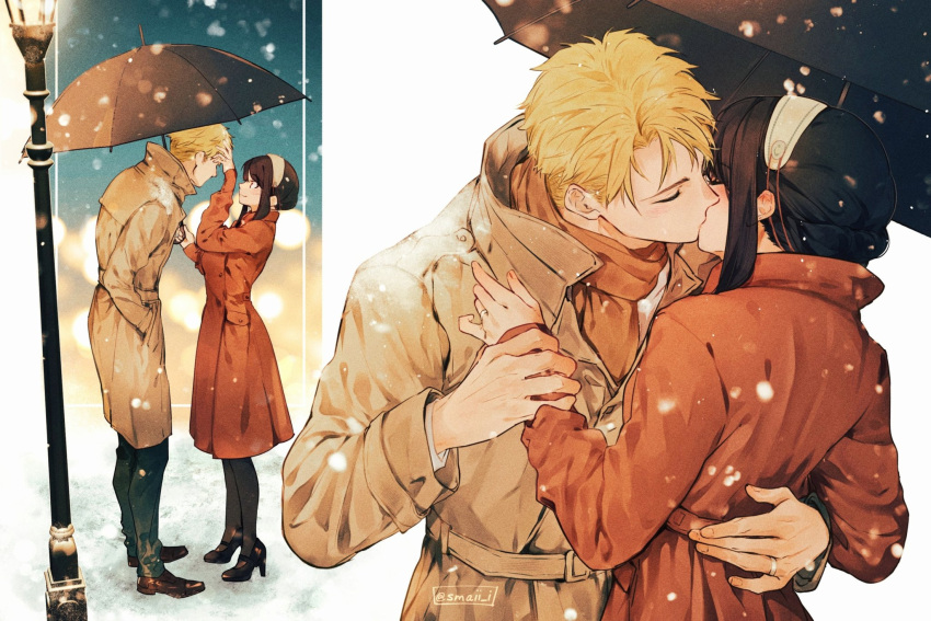 1boy 1girl black_hair blonde_hair blush breasts closed_eyes coat couple earrings hand_on_another's_back hetero highres husband_and_wife jewelry kiss long_hair looking_at_another maiii_(smaii_i) outdoors pants red_eyes short_hair snow snowflakes snowing spy_x_family twilight_(spy_x_family) winter winter_clothes winter_coat yor_briar