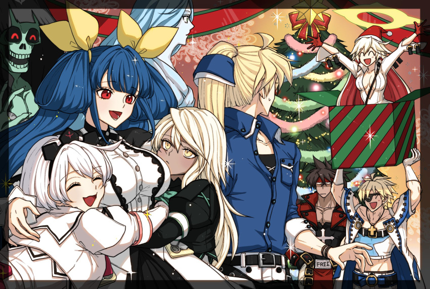 4boys 5girls ahoge blonde_hair blue_eyes blue_hair blunt_ends blush box breasts brown_hair christmas christmas_ornaments christmas_tree collared_shirt colored_inner_hair compass_rose_halo dark-skinned_female dark_skin dizzy_(guilty_gear) ebi_pri_shrimp elphelt_valentine father-in-law_and_son-in-law father_and_son forehead_protector front_slit gift gift_box gloves grandfather_and_grandson guilty_gear guilty_gear_xrd hair_between_eyes hair_ribbon hair_rings hairband halo hat highres huge_ahoge husband_and_wife jack-o'_valentine ky_kiske large_breasts long_hair long_sleeves mother_and_son multicolored_hair multiple_boys multiple_girls muscular muscular_male necro_(guilty_gear) open_mouth plunging_neckline ramlethal_valentine red_eyes red_gloves red_headwear redhead ribbon santa_hat shirt short_hair sin_kiske smile sol_badguy spiked_hairband spikes spiky_hair tail tail_ornament tail_ribbon two-tone_hair undine_(guilty_gear) very_long_hair white_hair white_shirt yellow_eyes yellow_ribbon