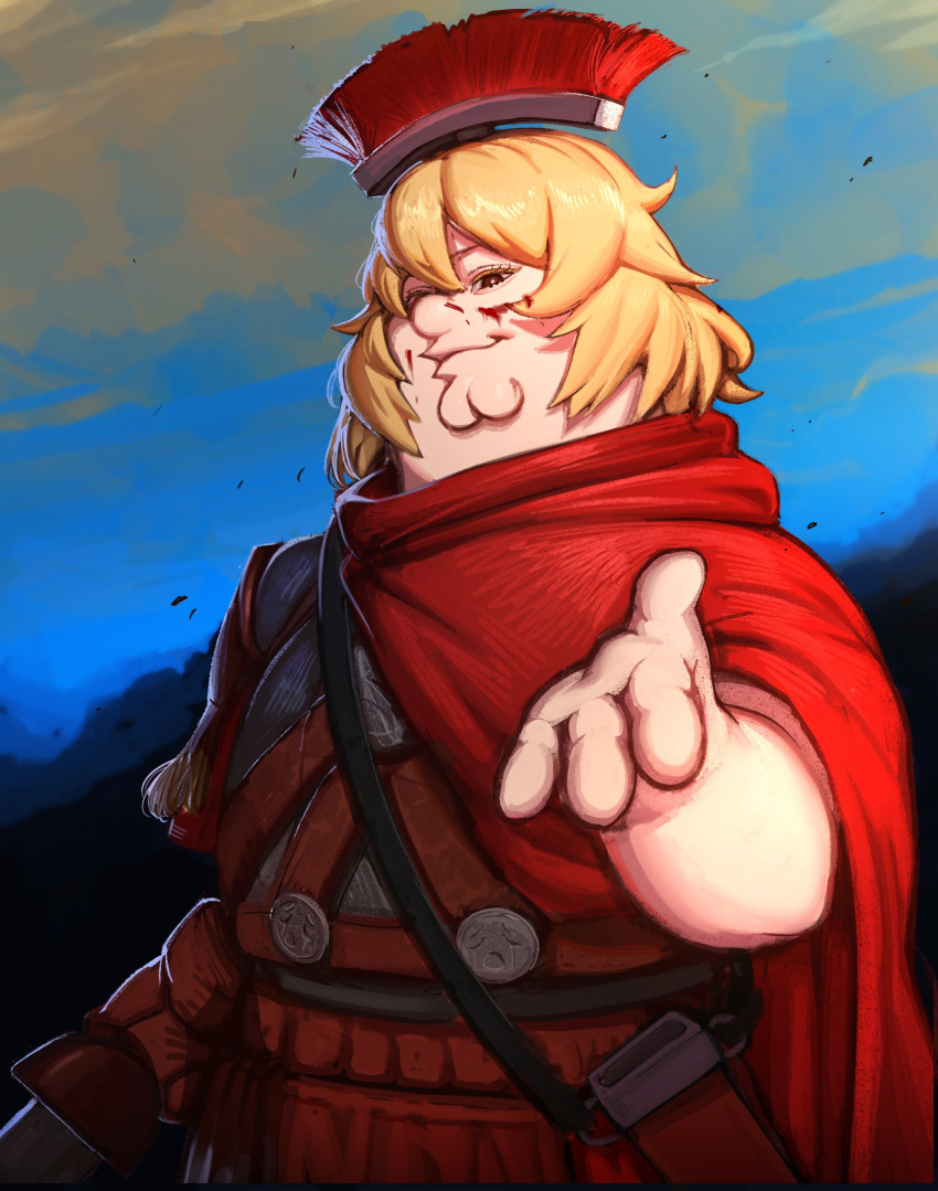 1boy armor blonde_hair blood blood_on_face blue_sky centurii-chan centurii-chan_(cosplay) cleft_chin cloak closed_mouth clouds commission cosplay family_guy fat fat_man greco-roman_clothes hand_up highres holding holding_sword holding_weapon kowai_(iamkowai) legionnaire looking_at_viewer male_focus meme original outdoors peter_griffin plume red_cloak red_eyes roman_armor roman_clothes sheath sky smile solo sword uohhhhhhhhh!_(meme) weapon