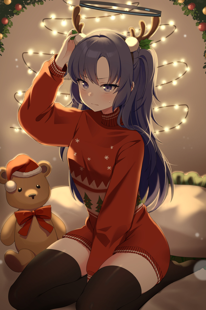 1girl absurdres antlers black_thighhighs blue_archive blush breasts christmas christmas_ornaments christmas_tree closed_mouth halo highres long_hair long_sleeves mechanical_halo medium_breasts purple_hair red_shirt reindeer_antlers shirt solo stuffed_animal stuffed_toy taccho teddy_bear thigh-highs two_side_up violet_eyes yuuka_(blue_archive)