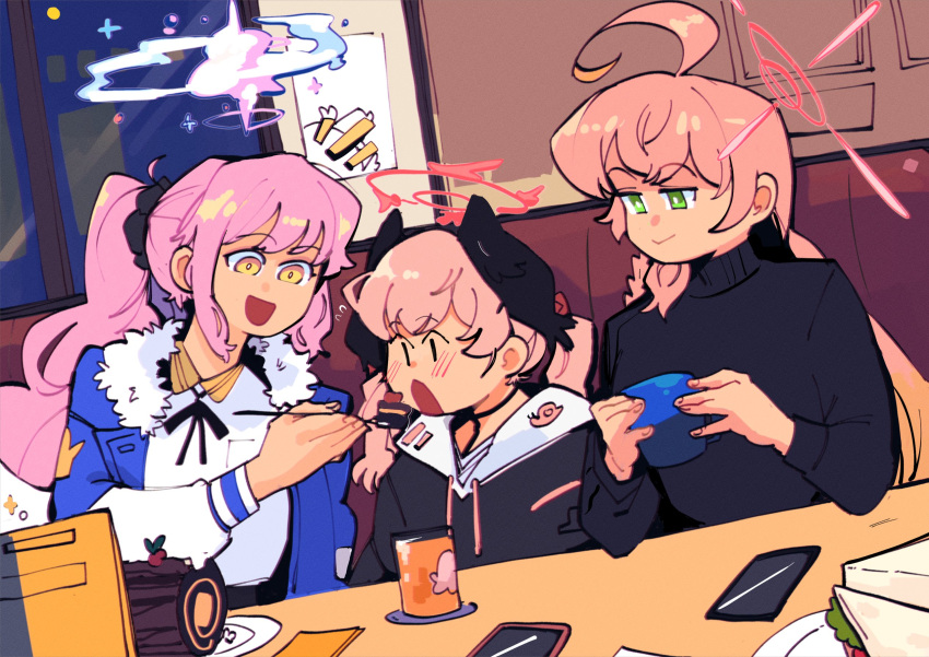 3girls ahoge black_shirt black_sweater blue_archive blue_jacket blush cake closed_mouth cup feeding food green_eyes halo hanako_(blue_archive) head_wings high_ponytail highres holding holding_cup indoors jacket kinzaibatsu91 koharu_(blue_archive) long_hair long_sleeves looking_at_another mika_(blue_archive) multiple_girls open_clothes open_jacket open_mouth pink_hair shirt smile sweater swiss_roll twintails wings yellow_eyes