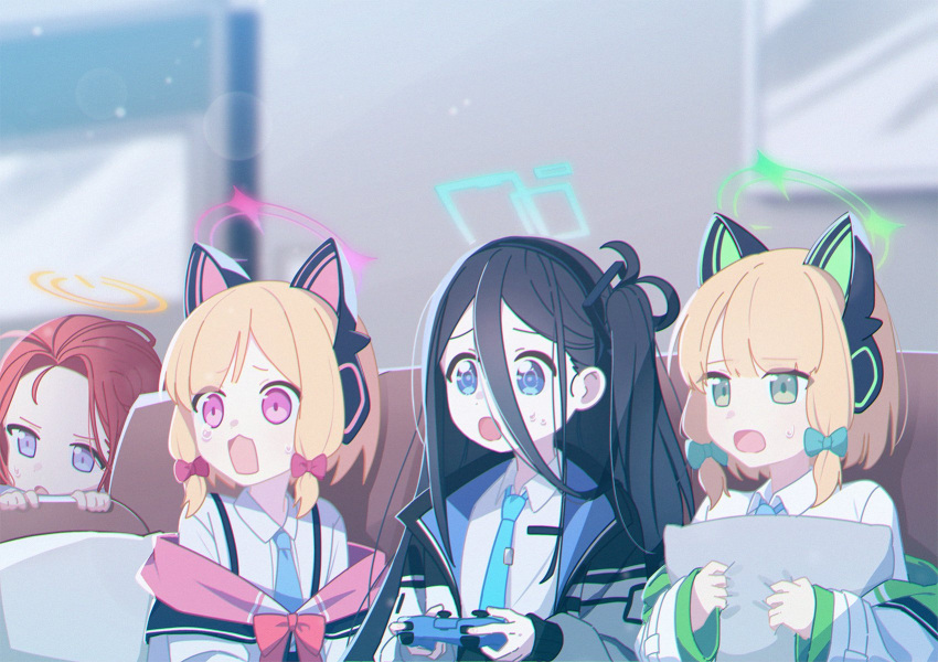4girls aqua_necktie aris_(blue_archive) black_dog_(ckdfhd) black_hair black_hairband blonde_hair blue_archive blue_eyes blue_halo blunt_bangs blurry blurry_background bow collared_shirt commentary controller couch forehead frown game_controller game_development_department_(blue_archive) green_bow green_eyes green_halo hair_between_eyes hairband halo highres holding holding_controller holding_game_controller hugging_object indoors jacket long_hair looking_afar midori_(blue_archive) momoi_(blue_archive) multiple_girls necktie on_couch one_side_up open_clothes open_jacket open_mouth pillow pillow_hug pink_eyes pink_halo red_bow redhead shirt short_hair sleeves_past_wrists sweatdrop tareme tears upper_body very_long_hair white_shirt wide-eyed yellow_halo yuzu_(blue_archive)