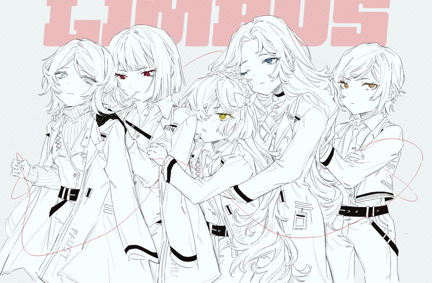 5girls blue_eyes bow cigarette closed_mouth coat cowboy_shot crossed_arms faust_(project_moon) greyscale hair_bow hairband highres ishmael_(project_moon) jacket limbus_company long_hair meijiichigo monochrome multiple_girls necktie outis_(project_moon) pants project_moon red_eyes rodion_(project_moon) rope ryoshu_(project_moon) short_hair spot_color string string_of_fate sweater very_long_hair