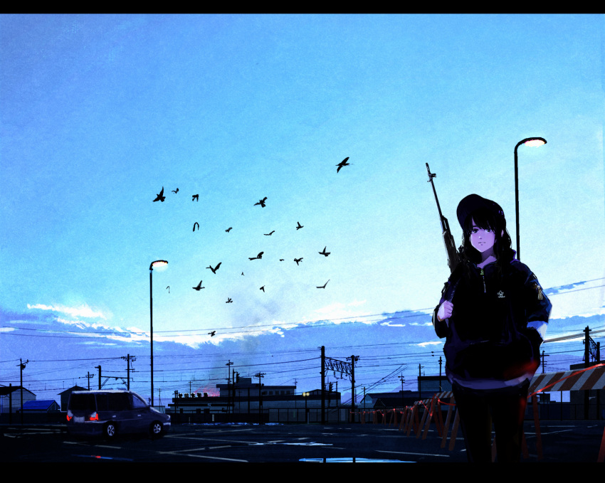 1girl bird car closed_mouth clouds commentary flock hand_in_pocket highres letterboxed long_hair motor_vehicle original orval outdoors parking_lot power_lines roadblock scenery sky solo standing utility_pole weapon weapon_on_back wide_shot zipper_pull_tab