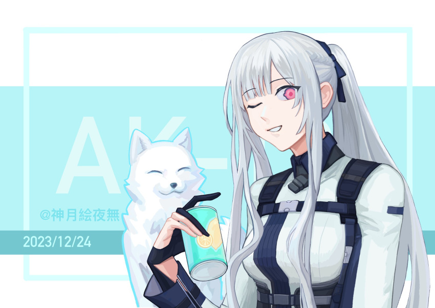 1girl ak-12_(girls'_frontline) arianaleonardo can dated drink_can girls_frontline gloves hair_ribbon highres holding holding_can long_hair looking_at_viewer one_eye_closed parted_lips partially_fingerless_gloves pink_eyes ribbon sidelocks simple_background smile soda_can solo upper_body white_hair wolf