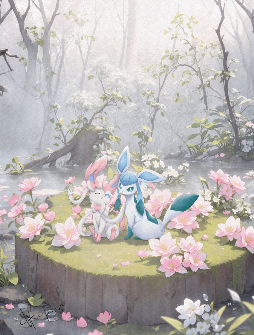 absurdres animal_focus aqua_eyes blue_eyes commentary_request flower forest glaceon hatenachan highres leaf nature no_humans on_grass one_eye_closed outdoors pawpads pink_flower pokemon pokemon_(creature) prehensile_hair prehensile_ribbon sitting sylveon tail tree water wetland white_fur