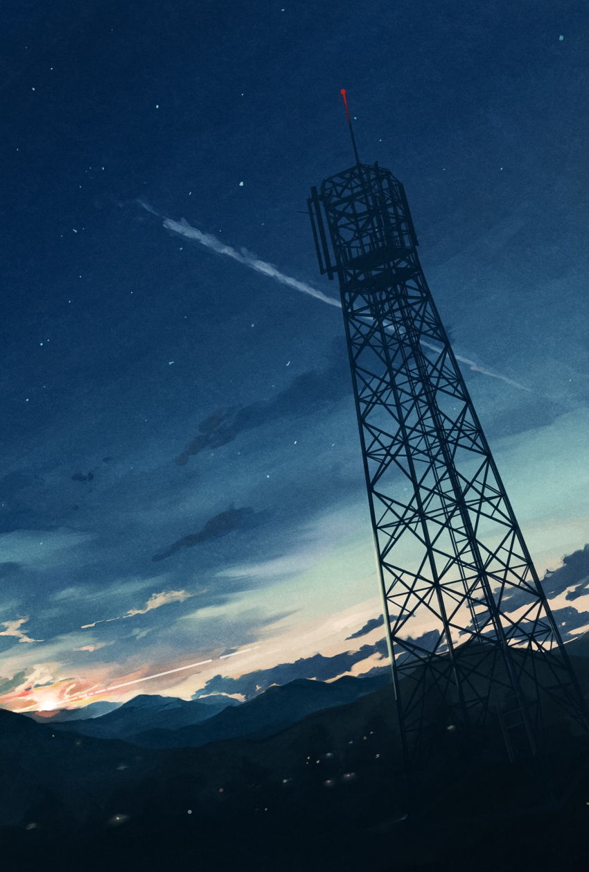 clouds commentary contrail dutch_angle highres landscape no_humans original orval radio_tower scenery sky star_(sky) sunset