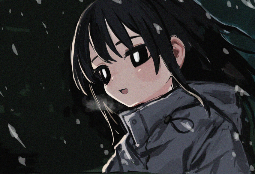 1girl :d black_eyes black_hair bright_pupils coat dark_background grey_coat high_collar highres light_blush long_hair looking_ahead original parted_lips portrait shii595 smile snowing solo white_pupils wind