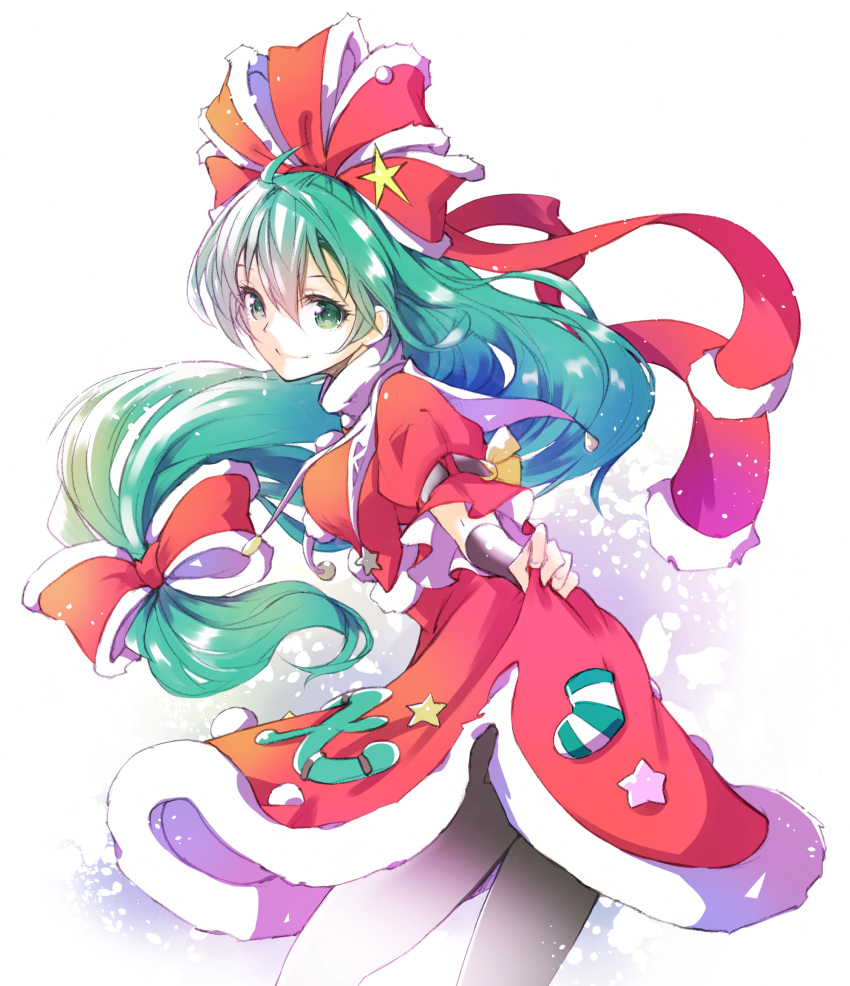 1girl bow clothes_lift dress dress_lift fur-trimmed_dress fur_trim green_eyes green_hair hair_bow highres ichizen_(o_tori) kagiyama_hina lifted_by_self looking_at_viewer looking_back red_bow red_dress santa_dress smile solo star_(symbol) touhou white_background