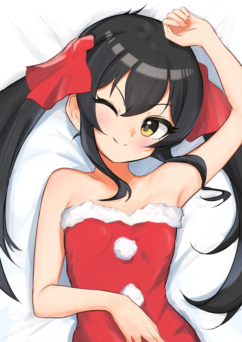 1girl absurdres arm_up bare_shoulders black_hair blush commentary_request dress fur-trimmed_dress fur_trim hair_ribbon highres idolmaster idolmaster_cinderella_girls long_hair looking_at_viewer lying matoba_risa nyubebe on_back one_eye_closed red_dress red_ribbon ribbon santa_dress smile solo strapless strapless_dress twintails upper_body yellow_eyes