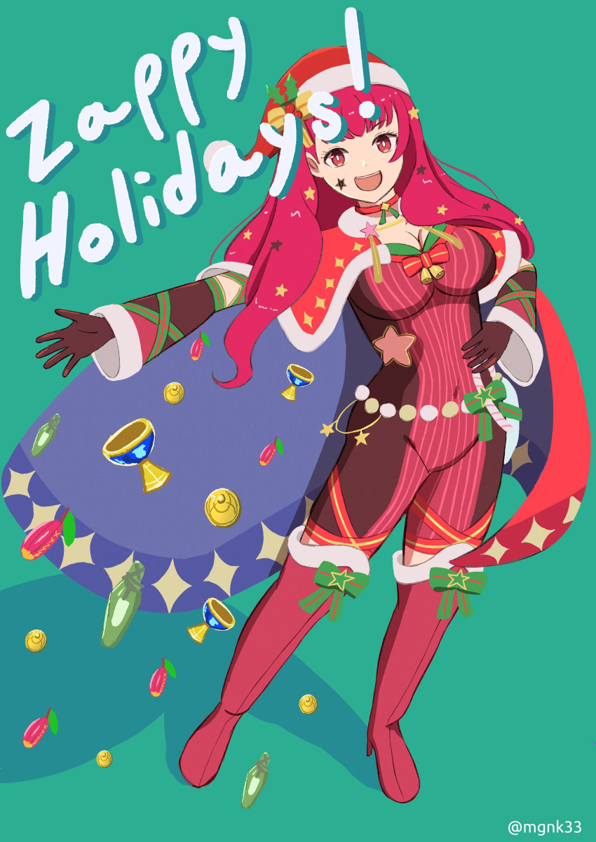 1girl absurdres bodysuit breasts cape christmas facial_mark fire_emblem fire_emblem_engage fire_emblem_heroes green_background hair_ornament hat highres holly_hair_ornament mgnk33 multicolored_cape multicolored_clothes official_alternate_costume red_bodysuit red_cape santa_hat solo star_(symbol) star_facial_mark star_hair_ornament star_print yunaka_(fire_emblem) yunaka_(fire_emblem)_(spirited_envoy)