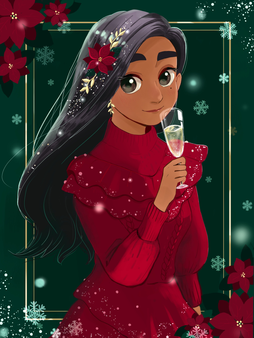 1girl black_eyes black_hair christmas cute disney drinking_glass ear_piercing encanto flower_on_head green_background holly holly_hair_ornament ikematsu_ikegoro isabela_madrigal long_hair looking_at_viewer red_lips snowflake_print solo sweater thick_eyebrows
