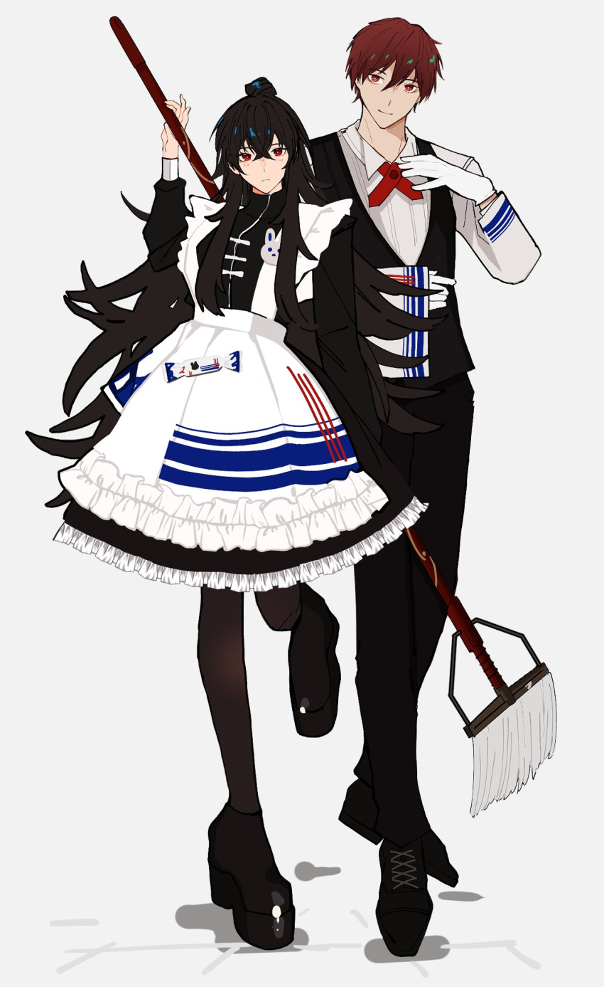 1boy 1girl apron black_dress black_footwear black_pantyhose black_vest boots dress full_body highres holding holding_mop husband_and_wife library_of_ruina lowell_(project_moon) maid mandarin_collar mop pantyhose platform_boots platform_footwear project_moon qi_maid simple_background vest white_apron white_background xiao_(project_moon) yakumineg1