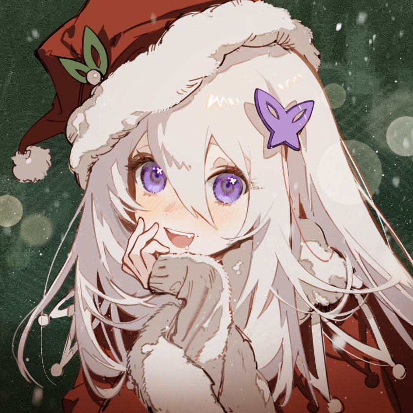 1girl blush butterfly_hair_ornament capelet christmas commentary fur-trimmed_capelet fur_trim hair_ornament hand_on_own_chin hat highres long_hair long_sleeves looking_at_viewer open_mouth original pom_pom_(clothes) raito47 santa_hat sleeves_past_wrists smile solo symbol-only_commentary upper_body violet_eyes white_hair