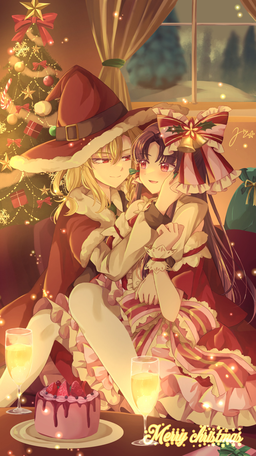 2girls absurdres adapted_costume alcohol blonde_hair bow brown_hair cake champagne christmas_tree food fruit hair_bow hakurei_reimu hat highres jacket kirisame_marisa looking_at_another merry_christmas mito_(fate) multiple_girls red_bow red_eyes red_headwear red_jacket santa_costume santa_hat star_(symbol) strawberry strawberry_cake touhou yuri