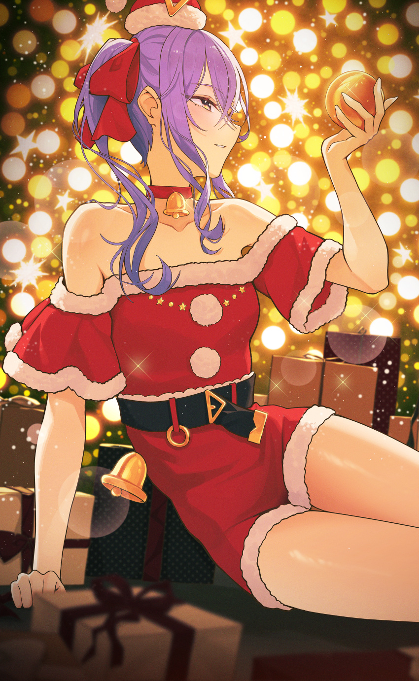 1girl absurdres arm_support bare_shoulders bell belt black_belt blue_hair choker christmas christmas_ornaments christmas_present collarbone commentary_request cropped_legs crossed_bangs dress fur-trimmed_dress fur-trimmed_headwear fur_trim gift glint hair_between_eyes hair_ribbon hat highres holding_ornament hololive hoshimachi_suisei lens_flare long_hair mini_hat mini_santa_hat neck_bell parted_lips red_choker red_dress red_ribbon ribbon santa_costume santa_dress santa_hat side_ponytail sitting solo thigh_gap thighs virtual_youtuber yozora_(1wkdgusdn)