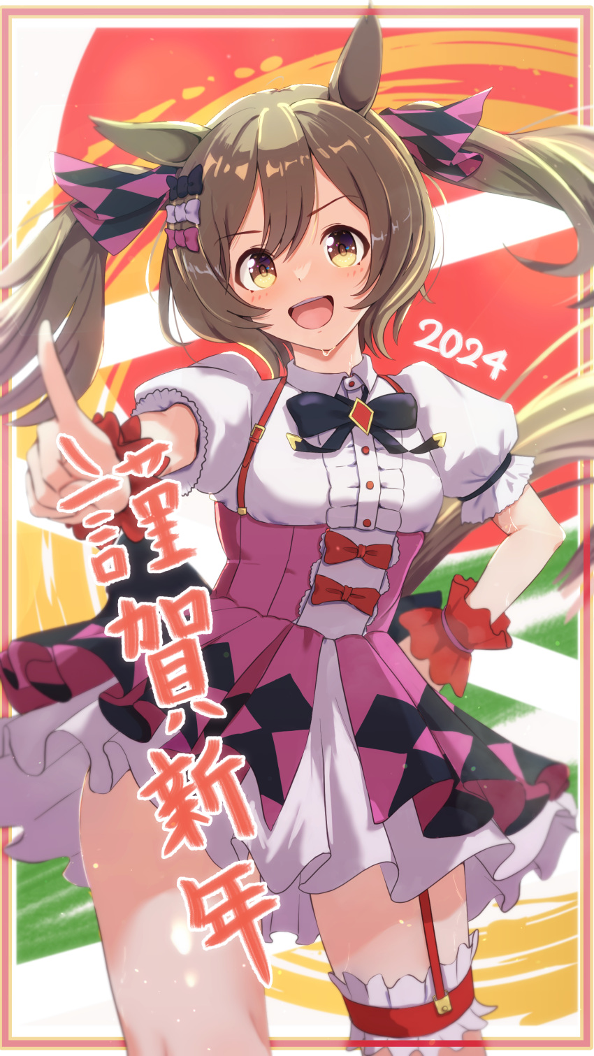 1girl 2024 absurdres adlib animal_ears blush brown_eyes brown_hair commentary_request garter_belt hair_ornament highres horse_ears horse_girl horse_tail looking_at_viewer new_year open_mouth pointing pointing_at_viewer ribbon short_twintails smart_falcon_(umamusume) sweat tail thighs translation_request twintails umamusume