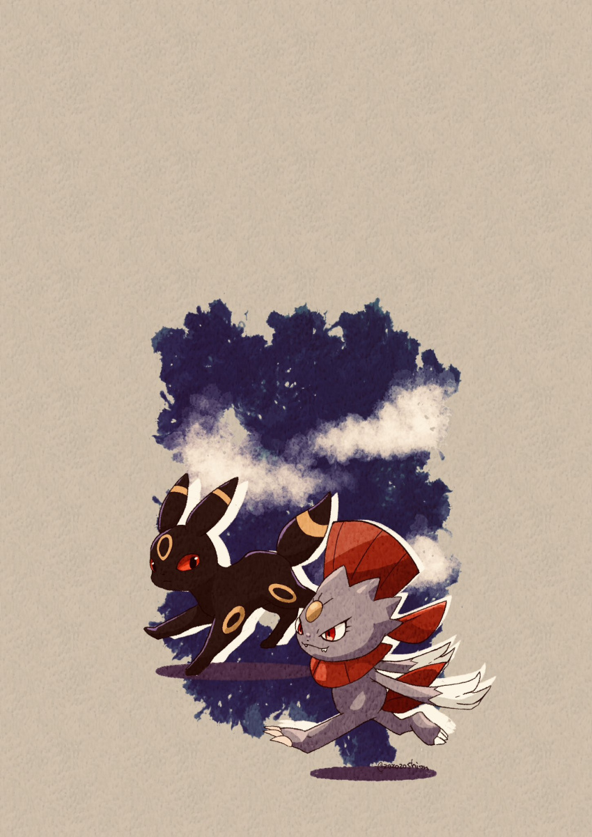 animal_focus artist_name black_fur claws closed_mouth clouds commentary_request facial_mark fangs forehead_jewel forehead_mark highres night night_sky no_humans pokemon pokemon_(creature) red_eyes simple_background sky tail twitter_username umbreon weavile white_background zozozoshion