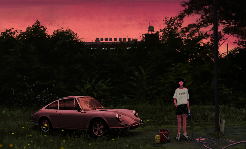 1other absurdres ambiguous_gender building car dark foliage highres holding hose motor_vehicle original orval outdoors porsche red_sky shirt shoes short_sleeves shorts sky solo sports_car standing tree vehicle_focus washing_vehicle white_footwear white_shirt wide_shot