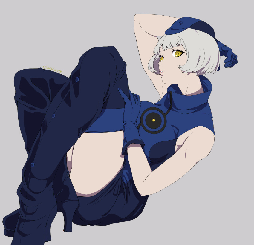 1girl absurdres armpits bare_shoulders blue_dress blue_footwear blue_gloves blue_headwear bob_cut boots breasts cabbie_hat commentary_request dress elizabeth_(persona) gloves grey_background grey_hair hat high_heel_boots high_heels highres lips looking_at_viewer medium_breasts parted_lips persona persona_3 pink_lips short_hair simple_background sitting sleeveless sleeveless_dress solo umenituru yellow_eyes
