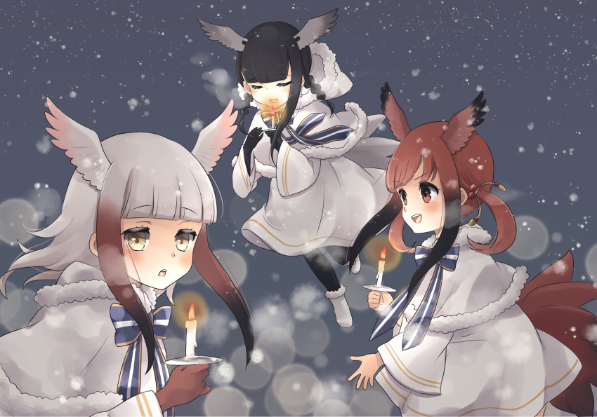 3girls alternate_costume bird_girl bird_tail bird_wings black-headed_ibis_(kemono_friends) black_gloves black_hair blue_bow blue_bowtie blunt_bangs bow bowtie braid candle capelet christmas closed_eyes dress fur_trim gloves gradient_hair head_wings highres hood hood_down japanese_crested_ibis_(kemono_friends) kemono_friends kuromitsu_(9633_kmfr) matching_outfits multicolored_hair multiple_girls open_mouth red_eyes red_gloves redhead scarlet_ibis_(kemono_friends) short_hair_with_long_locks short_twintails sidelocks smile snow tail twin_braids twintails two-tone_bowtie white_bow white_bowtie white_capelet white_dress white_fur white_hair wings yellow_eyes