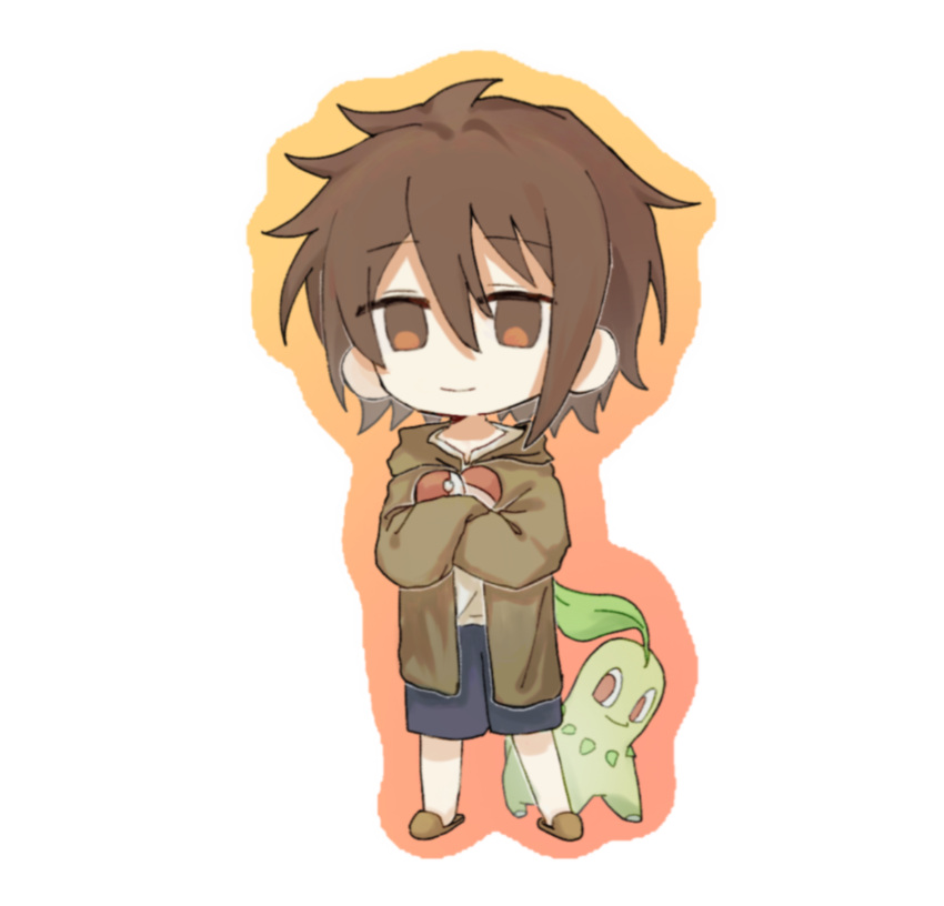 1boy absurdres blue_shorts brown_eyes brown_hair brown_jacket chibi chikorita chinese_commentary closed_mouth commentary_request crossover hair_between_eyes highres holding holding_poke_ball isoi_haruki jacket long_sleeves looking_at_viewer male_focus no_nose open_clothes open_jacket poke_ball pokemon pokemon_(creature) saibou_shinkyoku shirt short_hair shorts shuijiaohao simple_background smile white_background white_shirt
