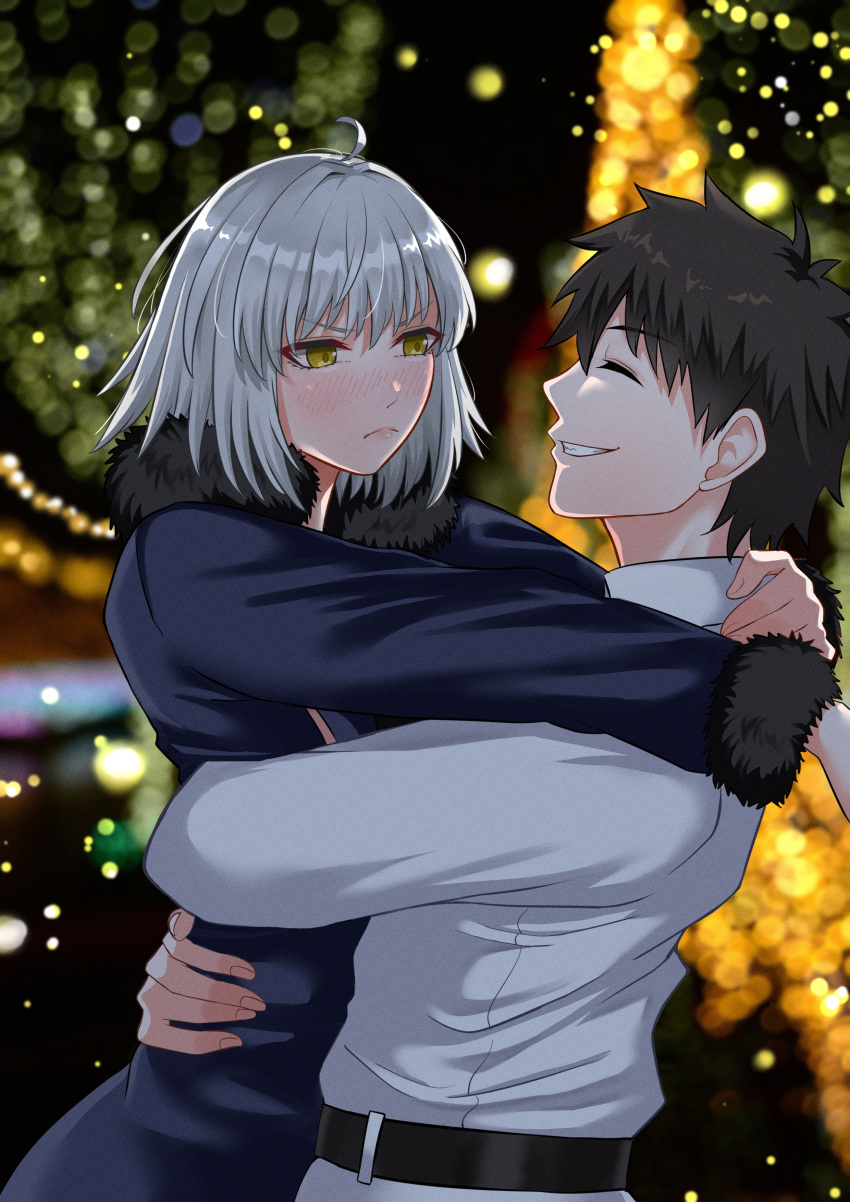 1boy 1girl absurdres ahoge belt black_belt black_coat black_hair blush chaldea_uniform christmas closed_eyes closed_mouth coat commentary_request couple fate/grand_order fate_(series) fingernails fujimaru_ritsuka_(male) fur-trimmed_coat fur-trimmed_sleeves fur_trim grey_hair grin highres hug jacket jeanne_d'arc_alter_(fate) jeanne_d'arc_alter_(ver._shinjuku_1999)_(fate) long_sleeves looking_at_another official_alternate_costume profile short_hair smile teeth tomotomow00w white_jacket yellow_eyes