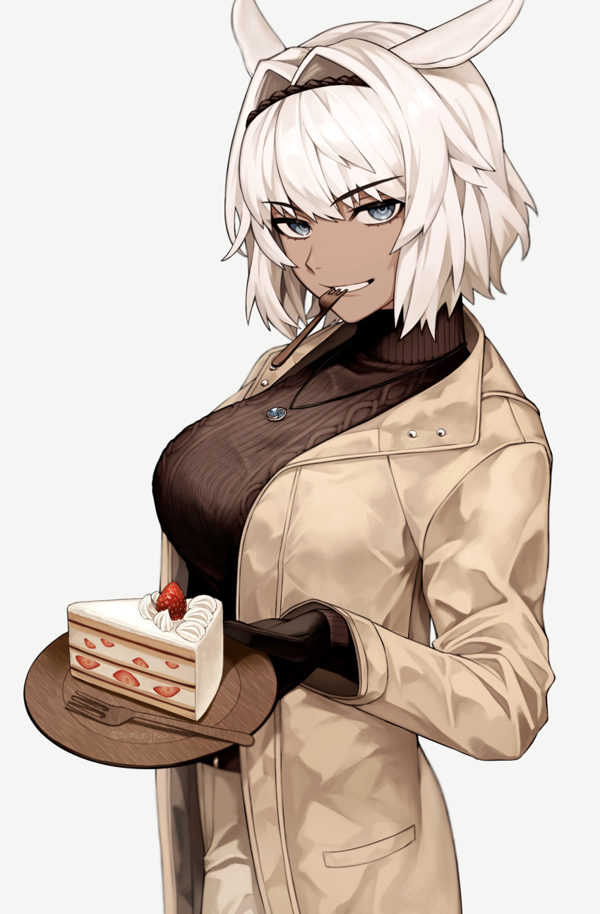 1girl alternate_costume animal_ears black_gloves black_sweater blue_eyes breasts brown_jacket caenis_(fate) caenis_(octo_nautica)_(fate) cake cake_slice commentary_request dark-skinned_female dark_skin fate/grand_order fate_(series) food fork gloves grey_background grin hair_intakes highres holding holding_plate jacket jewelry large_breasts long_sleeves looking_at_viewer necklace open_clothes open_jacket plate short_hair simple_background smile solo sumi_(gfgf_045) sweater turtleneck turtleneck_sweater utensil_in_mouth white_hair