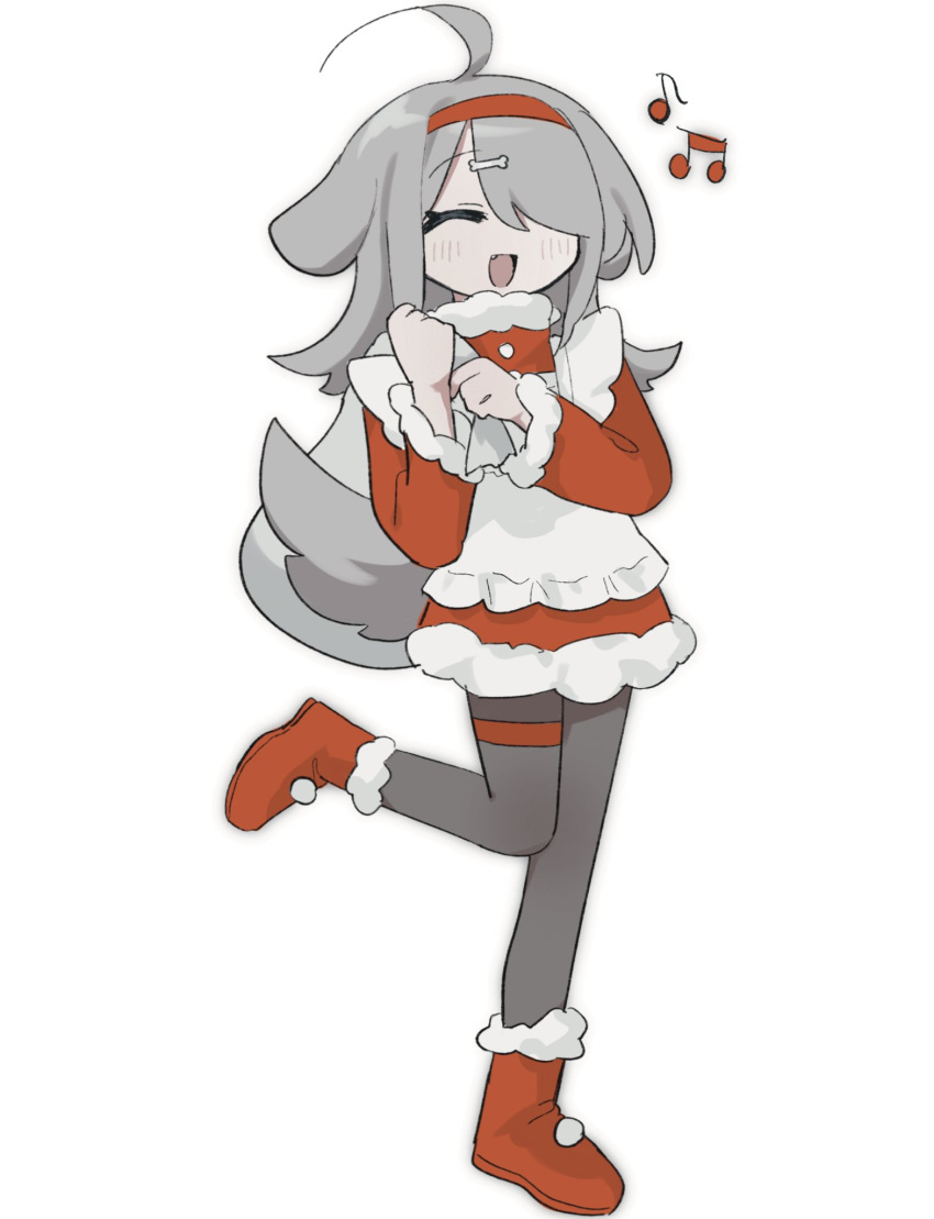 1girl ;d ahoge animal_ears apron bone_hair_ornament boots christmas commentary_request dog_ears dog_tail dress facing_viewer fang full_body fur-trimmed_dress fur_trim grey_hair grey_tail hair_ornament hair_over_one_eye hairband highres holding holding_sack light_blush long_sleeves maid_apron musical_note nuinuiwawan nuinuiwawan_(character) one_eye_closed open_mouth original pantyhose red_dress red_footwear red_hairband sack santa_boots simple_background smile solo tail thigh_strap white_apron white_background