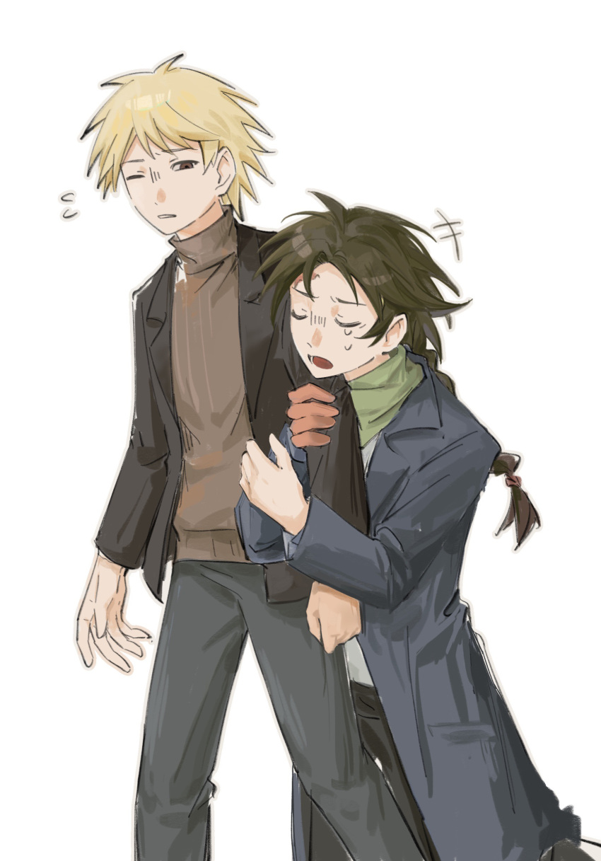 +++ 2boys arm_hug atou_haruki black_jacket black_pants blonde_hair braid brown_eyes brown_hair brown_sweater cha_wu chinese_commentary clinging closed_eyes coat commentary_request father_and_son flying_sweatdrops green_scarf grey_shirt harada_minoru highres jacket long_hair long_sleeves male_focus multiple_boys one_eye_closed open_clothes open_coat open_jacket open_mouth pants saibou_shinkyoku scar scar_on_face scar_on_forehead scarf shirt short_hair simple_background single_braid sweater turtleneck turtleneck_sweater white_background
